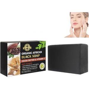 Savon noir au beurre de cacao bio pour nettoyage en profondeur, savon noir africain fait à la main, savon noir africain bio au beurre de cacao et vitamine E, savon noir africain pour tous les types de (ENJUFAN, neuf)