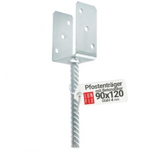Fixation de poteau de 90 mm, support de poteau en forme de U avec ancrage en b&eacute;ton, hauteur 195 mm, hauteur lat&eacute;rale en U 120 mm, acier de 4 mm, galvanis&eacute; &agrave; chaud (LUN FIX, neuf)