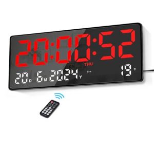Lafocuse 15.5" LED Horloge Murale Num&eacute;rique, Grande Horloge de Bureau Digitale avec T&eacute;l&eacute;commande, Temp&eacute;rature, Date, Alarmes, Luminosit&eacute; R&eacute;glable Pendule Murale pour Salon Chambre Bureau, Rouge (QuareBest, neuf)