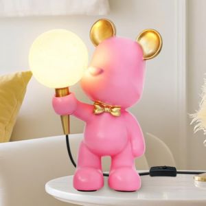 Lampe de Chevet Fille Rose,Mignon Veilleuse Enfant Lampe pour Chambre D'enfant,Salon,Chambre,Bureau,Ourson Design,Boule Abat-jour Lune Texture,Interrupteur &agrave; Bouton,Int&eacute;rieur &Eacute;clairage D&eacute;coration (feelan, neuf)