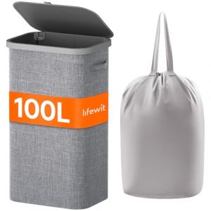 Lifewit Panier a Linge Sale 100L, Bac a Linge avec Couvercle, Corbeille a Linge avec Plastique Poignées et Sac a Linge, Grand Panier Linge Pliable pour Buanderie, Chambre, Salle de Bain, Gris clair (Lifewit Home FR, neuf)