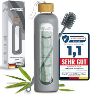 Amalindo Gourde en verre incassable de 1 l (verre borosilicate) &ndash; Bouteille en verre avec bouchon &agrave; vis de 1 l &ndash; Bouteille d'eau &agrave; remplir avec &eacute;tui en silicone et brosse (sans BPA) (DruckerpatronenExpress, neuf)