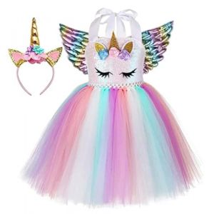 Rabtero Costume de Licorne pour enfants, robe de fantaisie princesse Licorne pour enfants, rose Licorne Ballet short avec bandeau et ailes de fille 6-7 ans (Huahui Dengguan LMT, neuf)