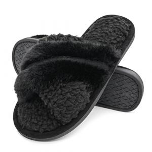 Onmygogo Dames chaussures d'int&eacute;rieur Open Toe, bande transversale en peluche Home chaussures pour femmes avec semelle ext&eacute;rieure en caoutchouc antid&eacute;rapante （Noir，38-39 EU） (Onmygogo, neuf)
