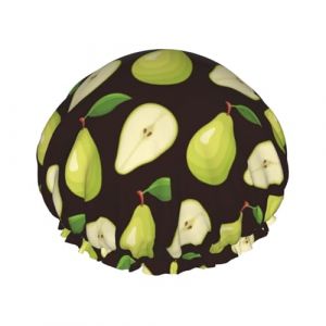 Bonnet de douche mignon vert citron poire noire r&eacute;utilisable imperm&eacute;able pour cheveux longs pour femme - Double couche &eacute;lastique (JQMY-EU, neuf)