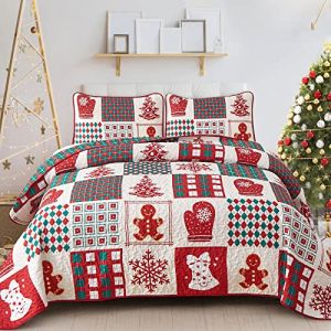 WONGS BEDDING Couvre-lit 220 x 240 cm - Couvre-lit de Noël - Patchwork rouge - Double face - Flocon de neige - Couverture de Noël pour chambre à coucher - Avec 2 taies d'oreiller - 50 x 75 cm (Guchuang Bedding Eur, neuf)