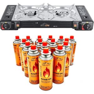 SMH LINE&reg; Double r&eacute;chaud &agrave; gaz de camping avec 4 cartouches de gaz de 227 g - Mallette de camping - Cuisini&egrave;re d'ext&eacute;rieur - Barbecue de table - 2 feux GPL (smh.shop24, neuf)