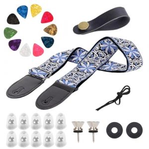 Sangle de Guitare, Coton Tissée Sangle Guitare Réglable pour guitare basse, électrique et acoustique, bouton de sangle, boucles de sangle et médiators (Fleur ronde) (Lokfoo Direct, neuf)
