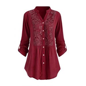 Minetom Chemisier D&eacute;contract&eacute; en Dentelle Tunique Femme Grande Taille Chic Blouse &Eacute;l&eacute;gant Fluide Manches Longues Tops L&acirc;che T-Shirt Vin Rouge 50 (Mon Bon Coup FR, neuf)