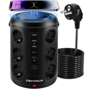 OBVHNUA 18 en 1 Multiprise Electrique 12 Prises 5 Ports USB Tour Multiprise 15W Charge sans Fil Parasurtenseur 2500W/15A Prise Verticale avec Protection Contre Surcharges pour Bureau Maison Cuisine (AWI CAPIUIAL LIMITED s, neuf)