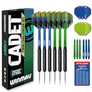 WINMAU Darts Cadet Twinset - Acier de qualité supérieure - 19g Jeu de fléchettes à Pointe en Acier avec ailettes et tiges de fléchettes, y Compris Une Carte de Score (WINMAU, neuf)