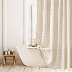 ggaimwf Rideau de Douche Beige Extra Long &agrave; Carreaux boh&egrave;me en Tissu Polyester et Lin &agrave; Carreaux pour Salle de Bain, Ensemble de Rideau de Douche Rustique Shabby Chic Neutre avec Pompons 183x243cm (ggaimwf EU, neuf)