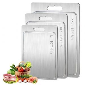 Planche &agrave; d&eacute;couper en titane avec rainures, double face en acier inoxydable de qualit&eacute; alimentaire, planches &agrave; d&eacute;couper en titane pour cuisine, disponible en quatre tailles (XL (46 x 30 cm) (timenil, neuf)