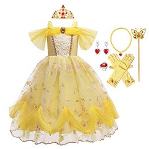 MYRISAM Filles Princesse Belle Robe de Carnaval Hors &Eacute;paule Costume de la Beaut&eacute; et la B&ecirc;te Halloween D&eacute;guisements Cosplay C&eacute;r&eacute;monie Anniversaire + Accessoires 9-10 ans (MYRISAM store, neuf)
