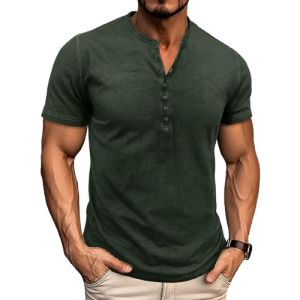 LAOARA Tee Shirt Homme T Shirt T-Shirts &agrave; Manches Courtes Homme Coton Henley Vintage Col Tunisien Boutons Et&eacute; Vert XL (Laoara Store, neuf)