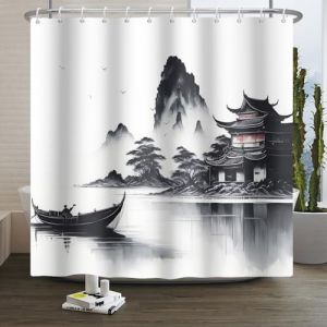 Xiaoterna Rideau de douche &agrave; peinture japonaise traditionnelle, b&acirc;timent japonais, peinture &agrave; l'encre asiatique, rideau de douche brumeux, bateau de montagne, oie sauvage, paysage naturel, rideau de (Xiaoterna Store, neuf)