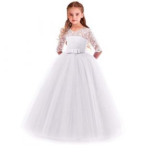 MYRISAM Filles Robe de C&eacute;r&eacute;monie 3/4 Manches Longues Tulle Dentelle avec Bowknot Demoiselle d'honneur Robe d&rsquo;mariage Soir&eacute;e Communion anniversaire Bapt&ecirc;me Carnaval F&ecirc;te Bal Blanc 5-6 Ans (MYRISAM store, neuf)