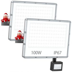 YIQIBRO 100W Projecteur LED Exterieur Detecteur de Mouvement 2 Pièces - 10000LM IP67 Étanche Spot LED Extérieur Detecteur de Mouvement, 7000K Blanc Froid Eclairage Exterieur avec Détecteur Jardin (MOHUI, neuf)