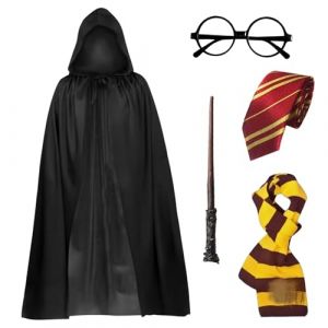 ZXTGBQ 5Pcs Costume de Magicien, Costume Magicien Kit, Ensemble de Costumes Cape avec Cape, Baguette Magique, Lunettes, &eacute;charpe, Cravate, Deguisement Adulte pour Halloween, F&ecirc;te, Carnaval (ZXTGBQ, neuf)