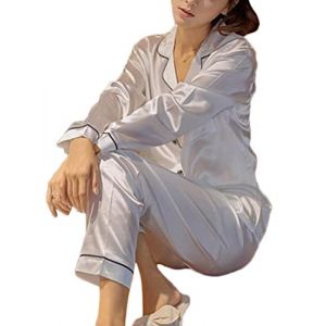 shownicer Ensemble de Pyjama en Satin Femme &agrave; Manches Longues V&ecirc;tements de Nuit 2 Pi&egrave;ces Col V Bouton Top et Pantalon pour Toutes Les Saisons A Blanc M (Joeh Carnival, neuf)