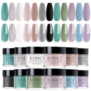 Kit de poudre &agrave; tremper pour ongles Eodci, 12 couleurs paillet&eacute;es argent, gris, vert, violet, pour nail art &agrave; domicile ou en salon. Contient 12 flacons de poudre &agrave; tremper (noir, blanc, nude). (EODCI, neuf)