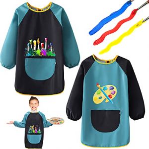 2Pcs Tablier Peinture Enfant, Tablier Enfants avec Poches Est Fabriqué en Polyester/PVC Imperméable, Tablier Peinture avec Poches pour Peinture/Cuisine/Artisanat, Tablier Peinture avec Manches Longues (HY DI HUYONGGUANG, neuf)