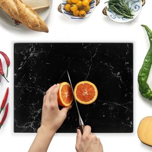 Planche à découper en verre 40 x 30 cm : protection de plan de travail en verre pour cuisine, durable, hygiénique, résistante aux rayures, résistante à la chaleur, facile à nettoyer, motif marbre noir (Kitchenville Home & Kitchen, neuf)