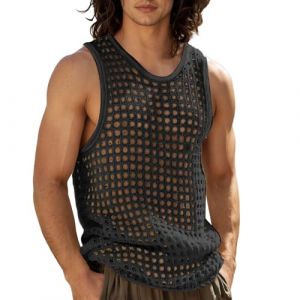 Foweknow Débardeur en maille transparente sans manches pour homme - T-shirt en maille filet transparente - Respirant - Léger - Décontracté - Pour l'été - Sport, 02 noir., M (ROTPMS, neuf)