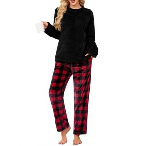 UMIPUBO Pyjama Femme Hiver Polaire Ensemble de Pyjama Pilou Chaud et Doux V&ecirc;tements de Nuit Flanelle 2 Pi&egrave;ces Combinaison Manche Longues Wear Pijamas Sleepwear avec Poches Cadeau (Noir+Rouge, L) (Bukely, neuf)
