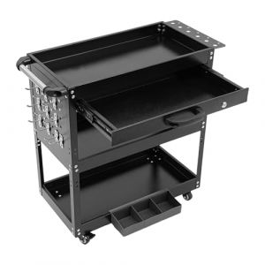 QIERF Servante d'atelier &agrave; 3 &eacute;tages - Chariot mobile en m&eacute;tal avec tiroir et roues de frein - Charge maximale : 250 kg - Pour garage, entrep&ocirc;t et ateliers (noir) (PAGTNT, neuf)