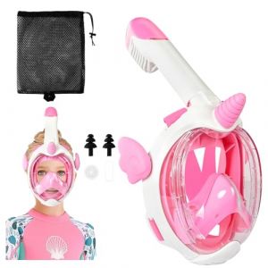 AOOSA Masque de Plong&eacute;e Enfants Int&eacute;gral, 180&deg; HD Anti-Leak Anti-Fog Masque Tuba, Masque Piscine Enfant, Ensemble de Tuba &agrave; Couvercle Sec pour la Plong&eacute;e, Snorkeling, Natation, Rose Licorne (icVic, neuf)