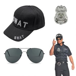 EUPSIIU 3 Pièces Swat Déguisement de Policier Avec Chapeau de Swat Réglable Lunettes Policier Badge Détective Sécurité Jeu de Rôle Accessoires pour Adultes Enfants Halloween Party Fête Costume(Swat) (LINJIE EU, neuf)