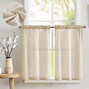 TOPICK Lot de 2 Rideaux Cuisine Lin Jaune Beige d'Extérieur Semi-Transparent Respirable Petit Fenetre Rideaux Brise-Bise Courts Placard Salon Chambre H60 x L65(cm) (Audrey Home Fashion, neuf)