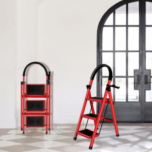 Escabeau M&eacute;nager 3 Marches en Aluminium avec Mains Courantes 150 KG Escabeau en Aluminium Echelle Multifonctions pour Maison et Bureau-104 x 57 x 41,5 cm - 3 marches (Rouge) (Hechheu, neuf)
