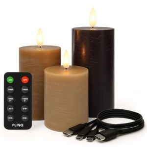 FLINQ Bougies Led Rechargeables USB - en Mati&egrave;re de Cire - Fausse Bougie Flamme Vacillante - par T&eacute;l&eacute;commande - Batterie longue Dur&eacute;e - 3 unit&eacute;s (FLINQ EUROPE, neuf)
