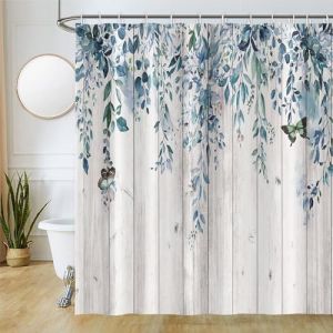 Uiiooazy Rideau Douche Bleu, Rideau de Douche Anti Moisissure 180x240cm Feuilles d'eucalyptus Planche de Bois Rideaux de Baignoire Tissu Lavable Imperméable Rideaux Salle de Bain avec 12 Crochets (dongguibinjingpinxiaodianpu, neuf)
