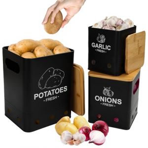 Aevcvok Lot de 3 Boite Pomme de Terre, Rangement Pomme de Terre Oignons Ail avec Couvercle en Bambou, Boîte de Conservation Pomme de Terre Oignons Ail Echalotte, Boite Rangement Cuisine, Noir (Avokuya, neuf)