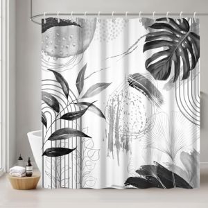 Uiiooazy Rideau Douche Anti Moisissure, Rideau Douche 180x200cm Gris Tropicale Feuilles de Palmier Jungle Boho Abstrait Rideaux de Baignoire Tissu Lavable Imperm&eacute;able Rideaux de Bain avec 12 Crochets (dongguibinjingpinxiaodianpu, neuf)
