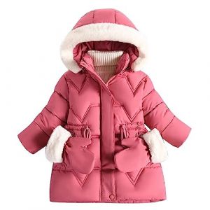 linboo Manteau Fille Doudoune Chaud Veste &agrave; Polaire Enfant Blouson d'Hiver &agrave; Capuche Fourrure Epaisse Rembourr&eacute; Parka avec Gants, Rose fonc&eacute;, 7-8 ans (TBONBON-EU, neuf)
