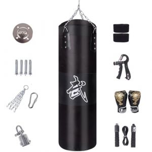 Sac De Frappe,Sac De Frappe Adulte,Sac De Boxe,15PCS Suspension Boxe Punching Bag 100cm avec Gants, Bandages, chaîne rembourrée, Rotation à 360° Non REMPLIR, pour Le Muay Thai et Les Combats (Noir) (sihuiouzhou, neuf)