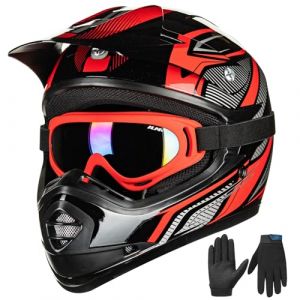 ILM Casque Moto Enfant Motocross Cycliste pour Gar&ccedil;on et Fille avec Goggle Gants VTT ATV Off Road ECE B07,Noir Rouge,Jeune-S (ilovemotor, neuf)