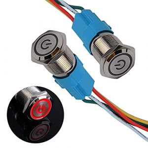 JIQI 2× 16mm Commutateurs à Bouton-Poussoir Momentanés 12V à 24V 3A IP66 1NO 1NC avec Symbole d'Alimentation LED, Commutateurs à Bouton-Poussoir en Métal Imperméable avec Fils de Connexion(rouge) (LUBAN STORE, neuf)