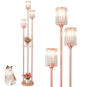 Rayofly Lampadaire Moderne avec &Eacute;tag&egrave;res, Lampes &agrave; 3 Lumi&egrave;res Or Rose pour Salon, Lampe &agrave; Cristal avec Abat-jour en Verre & Interrupteur &agrave; Pied, Lampadaires en Laiton pour Chambre, Lampe Haute d'Angle (Rayofly-EU, neuf)