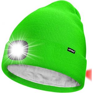 ATNKE Unisexe 8 LED Bonnet Lampe Frontale,USB Rechargeable Rouge Feu Arrière Clignotant Chapeau de Course Lumière Chaud Polaire Doublée Tricot Bonnet Cadeaux pour Hommes et Femmes/Flucent Green (Memorye, neuf)