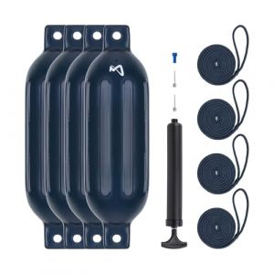 Mesle Pare-Battage Dura Lot de 4 avec Corde & Pompe, ø 16 cm | 58 cm Long, Défense de Bateau Yacht Jet-Ski, Bouée Pare Battage cylindrique Gonflable (Mesle Watersports, neuf)
