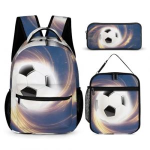 Mateju Impression de Football Sac a Dos, Cartable Fille Primaire Sac a Dos Enfant avec Sac à Lunch et Trousse à Crayons 3 en 1 Sac à Dos, Garçons et Filles Petit Sac a Dos (Football A) (Meiju, neuf)