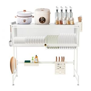 LANTUS Égouttoir à Vaisselle au-Dessus de l'évier à 2 Niveaux Antirouille avec Porte-ustensiles et Support pour Planche à découper pour Rangement et Organisation de Cuisine (85 * 30 * 78 cm-Blanc) (Hechheu, neuf)