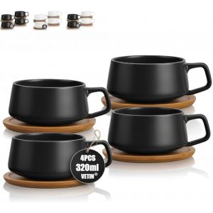 VETIN Lot de 4 Tasses &agrave; cappuccino avec soucoupe, tasse en marbre, 320 ml, en porcelaine, pour th&eacute;, caf&eacute;, cappuccino, tasses &agrave; caf&eacute; avec disque en bois (Noir*4) (VETIN, neuf)