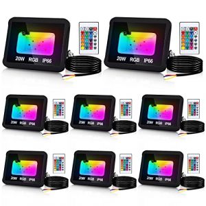 Ikodm Projecteur d'ext&eacute;rieur RVB avec t&eacute;l&eacute;commande, 8pcs 20W LED &agrave; changement de couleur, projecteur intelligent &eacute;tanche IP66, 16 couleurs 4 modes pour Garden Party, jardin, No&euml;l (FIRMWELL1, neuf)