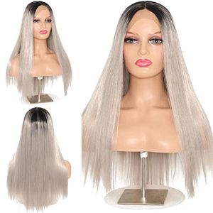 Perruque en soie lisse de 60 cm avec raie au milieu, perruque color&eacute;e ombr&eacute;e sans colle, perruque avec dentelle frontale avec peigne (noir/gris argent&eacute;) (Lesafe-V, neuf)